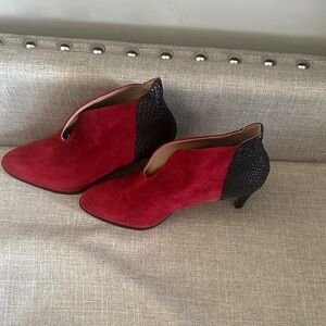 Red Suede Ankle Booties with Black Textured Heel - Women's